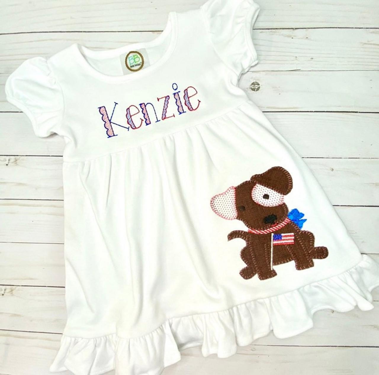 Patriotic Puppy Dress / Embroidered Patriotic Dress / Patriotic Dog Dress / Custom Embroidered Ruffle Dress / Independence Day / Monogram
